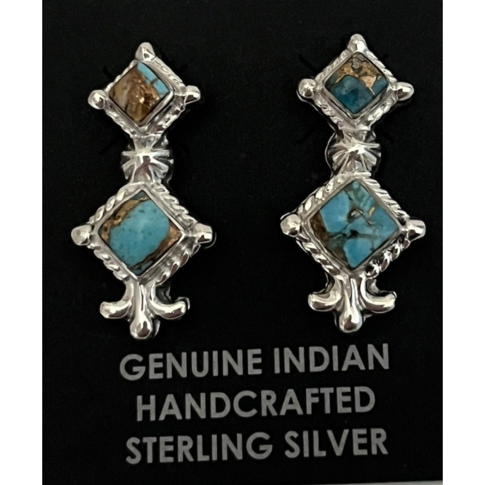Navajo Native American Sadie Jim Sterling Silver Turquoise Spiny Earrings Post - Picture 7 of 9